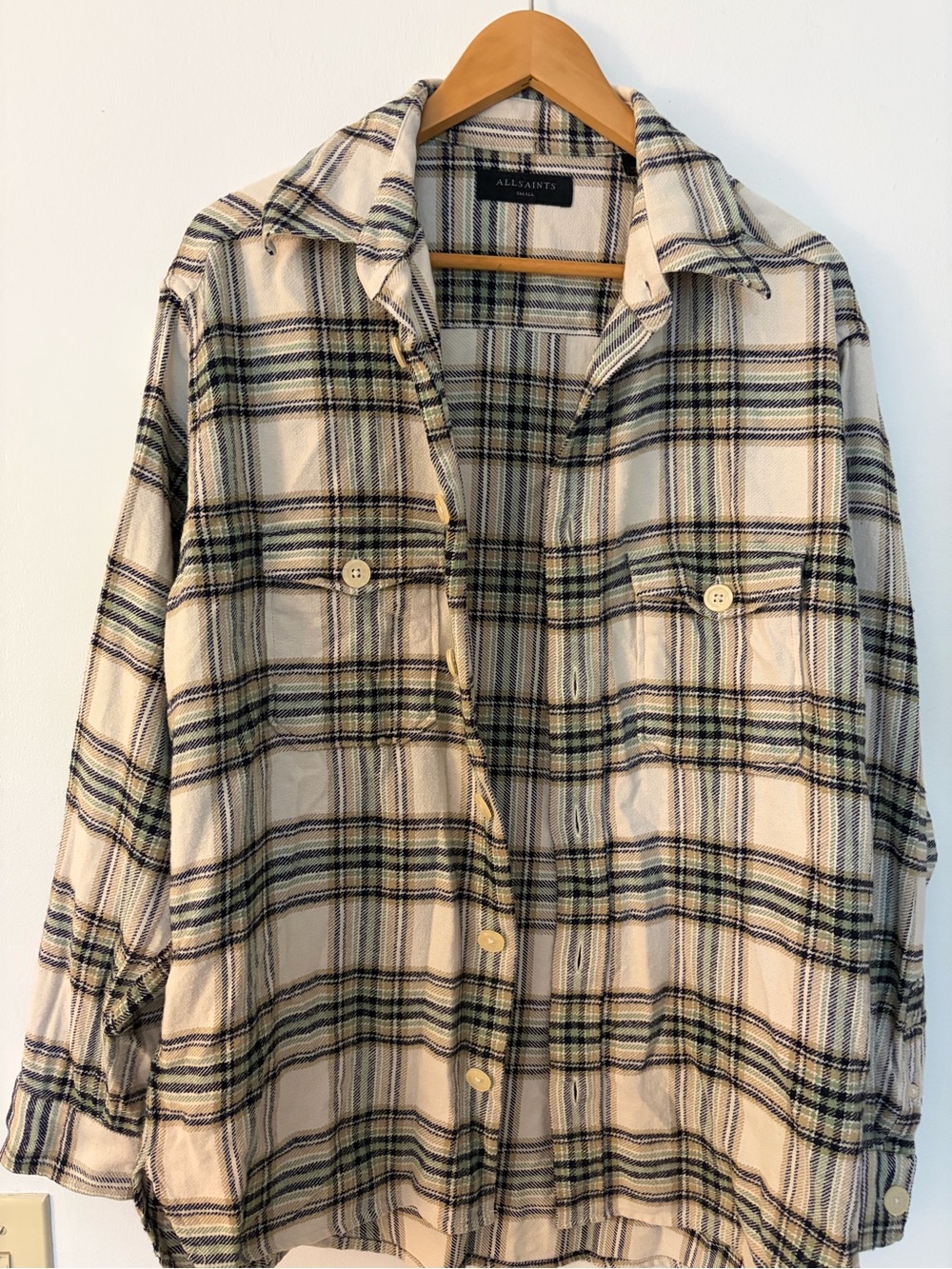 AllSaints Plaid Button Down in Cream & Black Size Small Like New